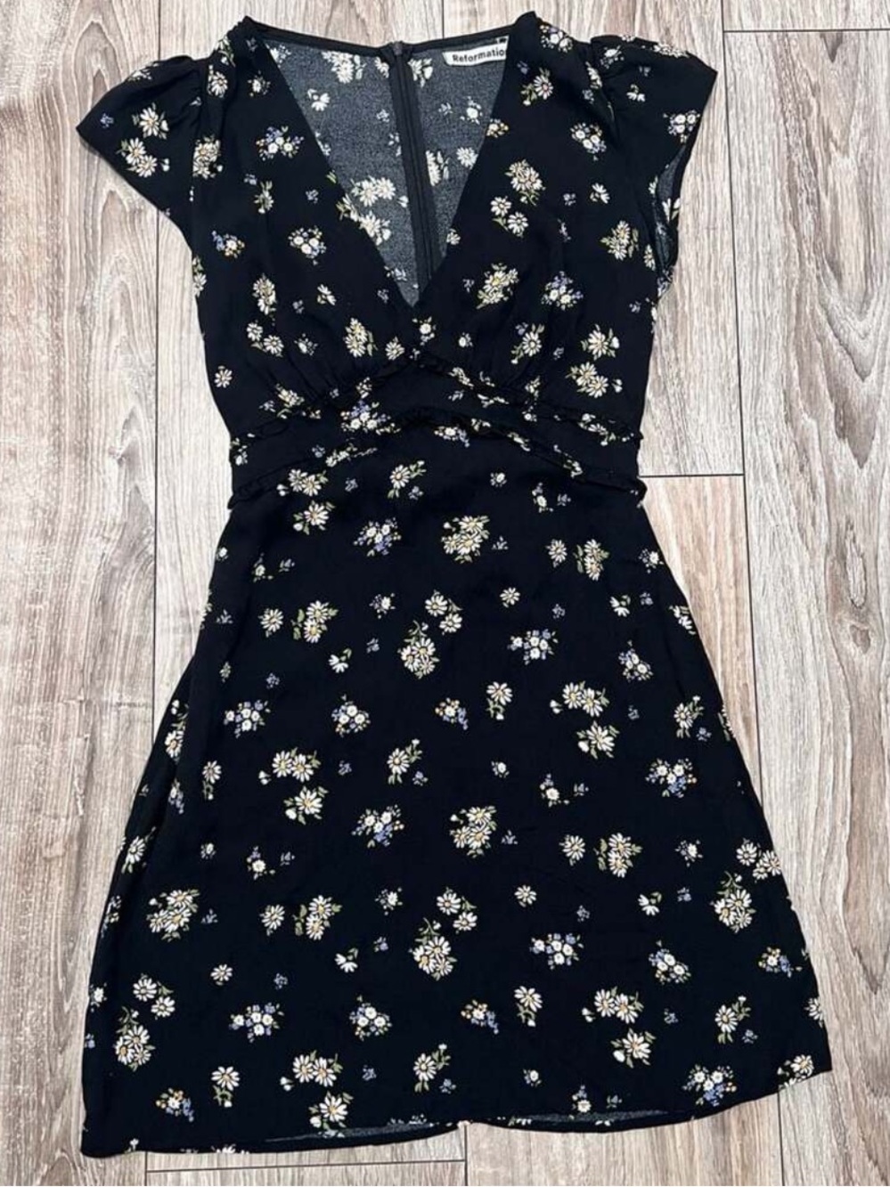 Reformation Janine Floral V-Neck Black Dress